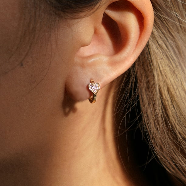 Real 14K Solid Yellow Gold 2mm Lavender Round Soft Pink CZ Huggies Hoop Earrings Real 14K Solid Yellow Gold 2mm Lavender Round Soft Pink CZ Huggies Hoop Earrings